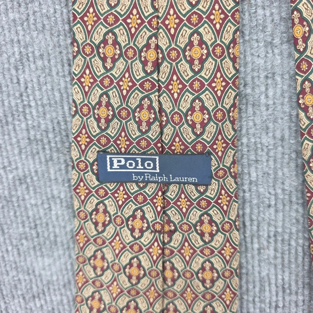Polo Ralph Lauren Silk Tie Burgundy Green Gold Geometric Medallion Handmade USA